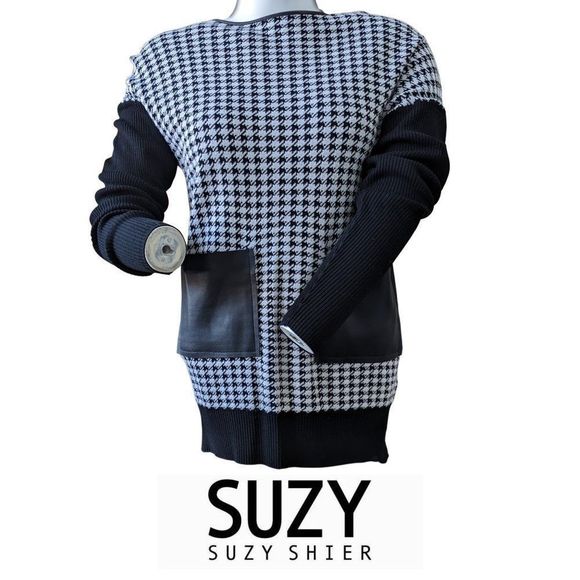 37. Suzy Shier Long Sleve MonoChrome Black & White w/ leatherette pockets Small - Picture 1 of 9
